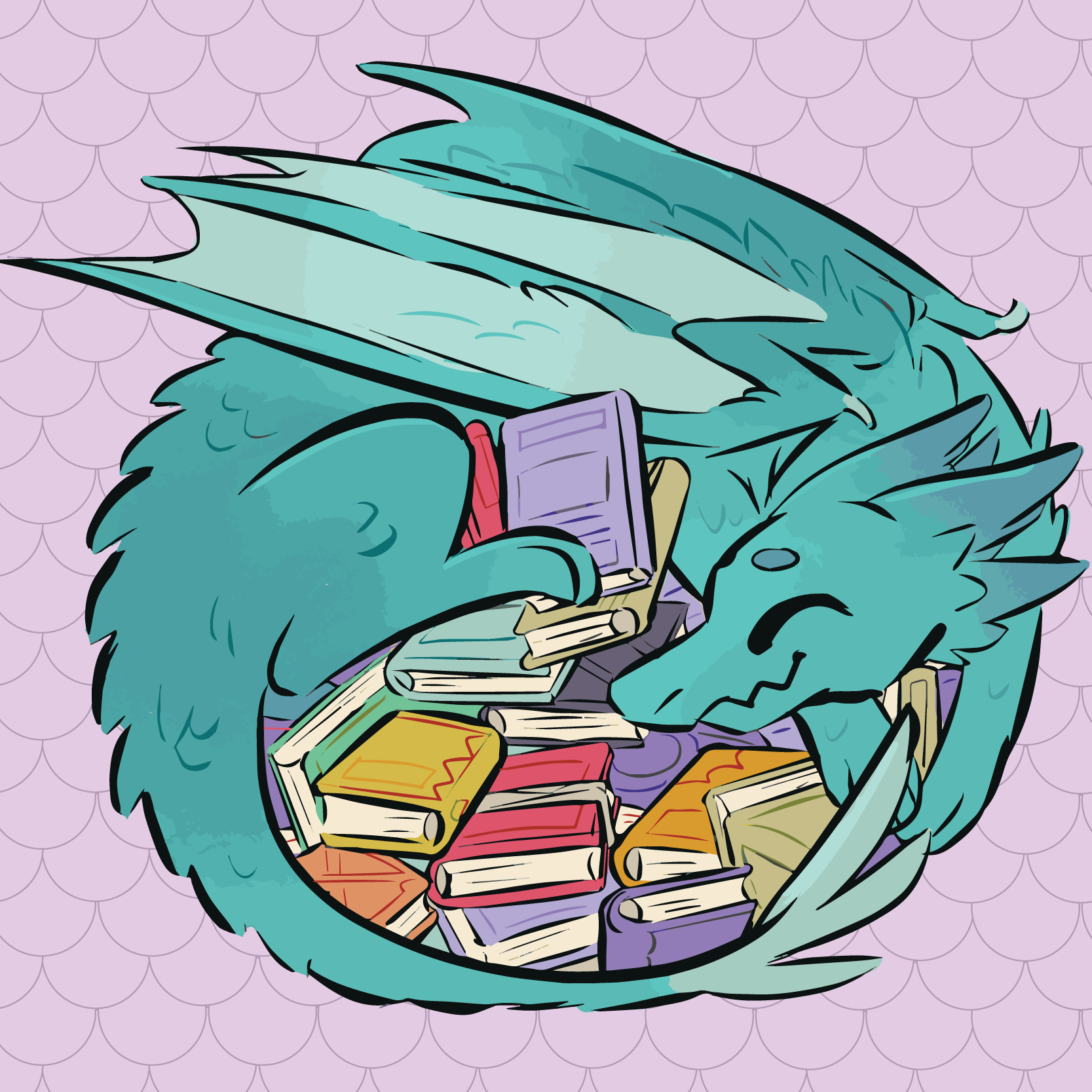 Teal dragon curled around a pile of books