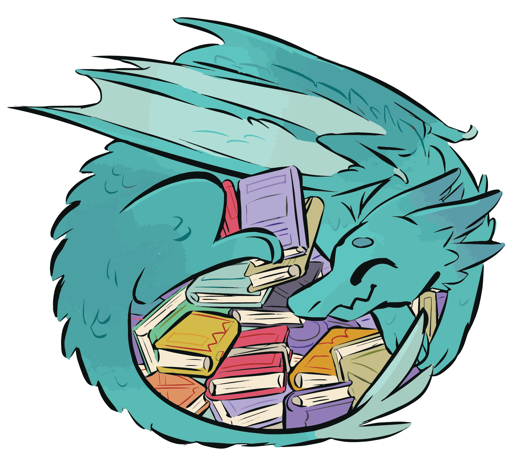 A teal dragon is curled up around a pile of colorful books