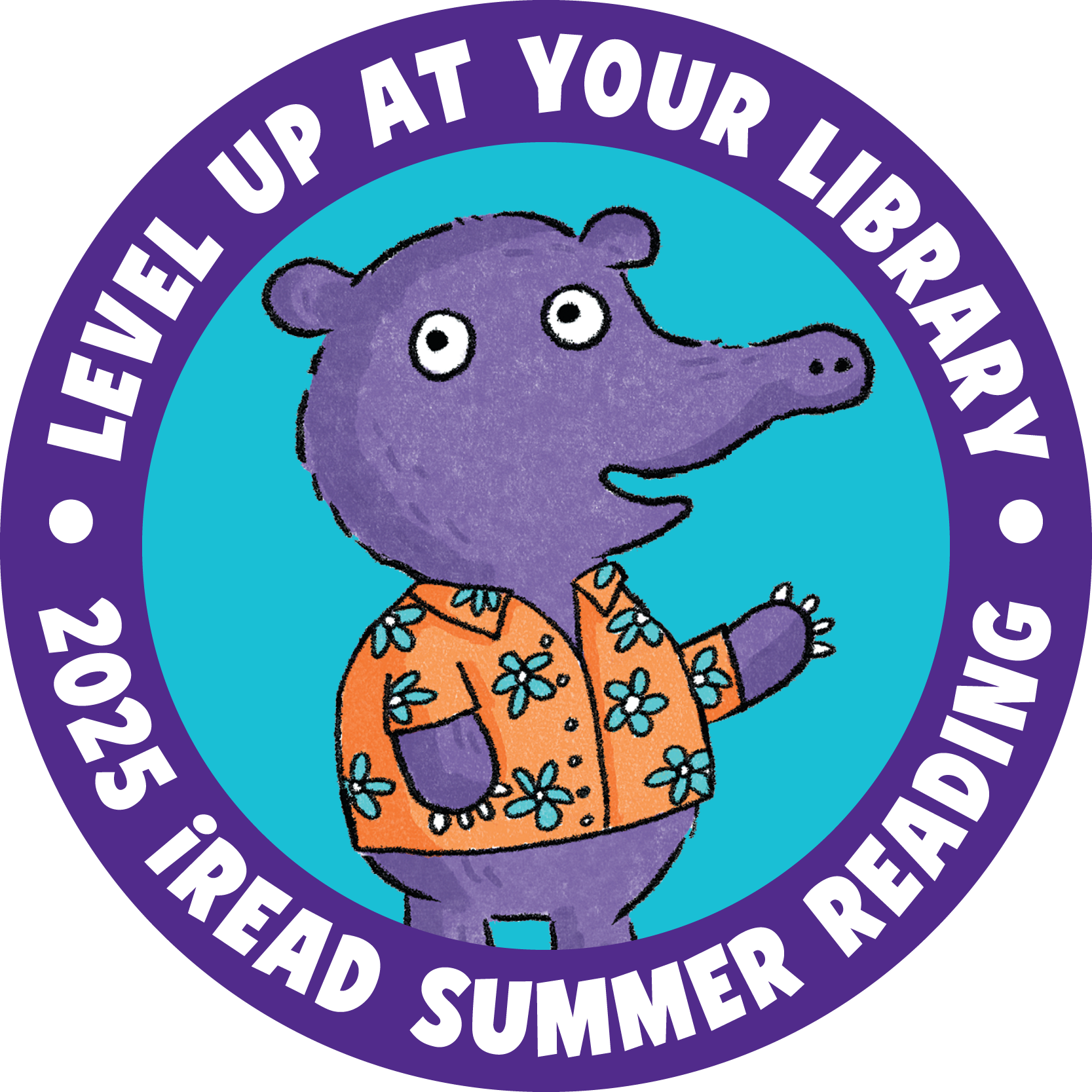 Purple creature in an orange shirt in a circle with Level Up at Your Library 2025 iREAD Summer Reading around him