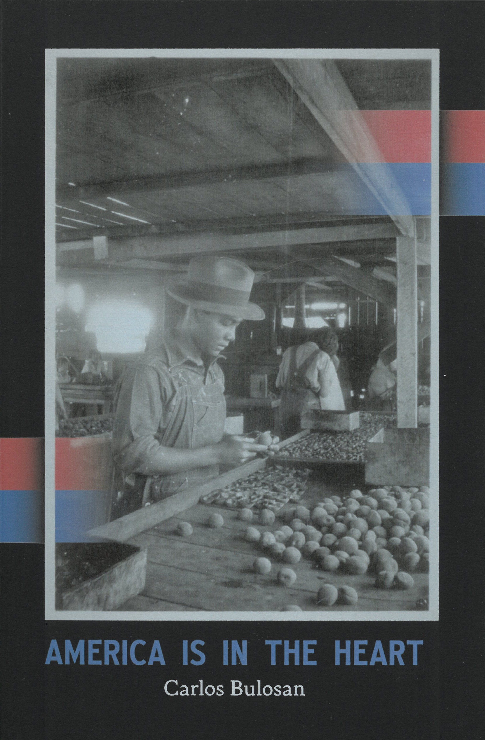 Cover of America is in the Heart by Carlos Bulosan. A black and white photo of a Filipino man looking at produce. 