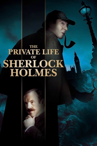 Sherlock Holmes stands in front of a dark London skyline covered in mist. He is wearing his deerstalker, smoking his signature pipe, and holding a magnifying glass. Watson is below him with a thoughtful expression on his face. 