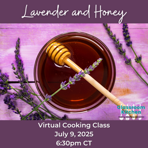 Sprigs of lavender on a table next to a bowl of honey.