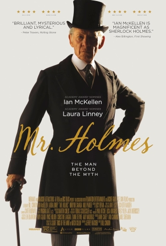 Ian McKellan as Sherlock Holmes stands with one hand on his cane, wearing a black suit and top hat.
