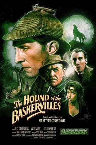 Sherlock Holmes in profile wearing a deerstalker next to a wolf silhouetted by a full moon. Three other characters are below with expressions of surprise or suspicion.