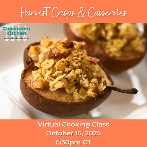 Photo of a baked pear crisp with crumbles on top.