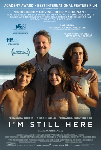 I'm Still Here. Poster has a picture of a father, mother, son, and daughter standing together with water and a blue sky behind them. The father, son, and daughter are looking towards the camera, but the mother is looking off to the side.