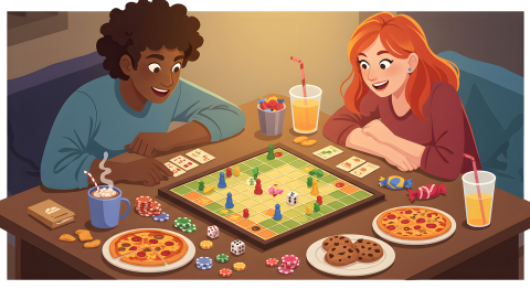 Teens playing board games and eating pizza