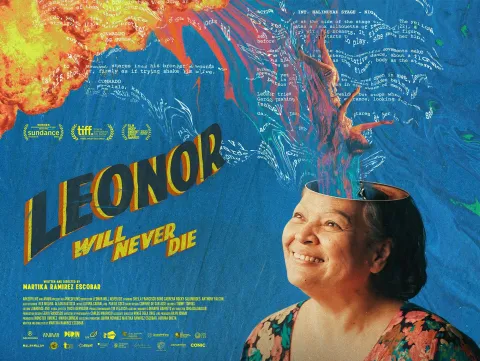 Leonor Will Never Die with an image of a Filipino woman where there is color and flame coming from the top of her head