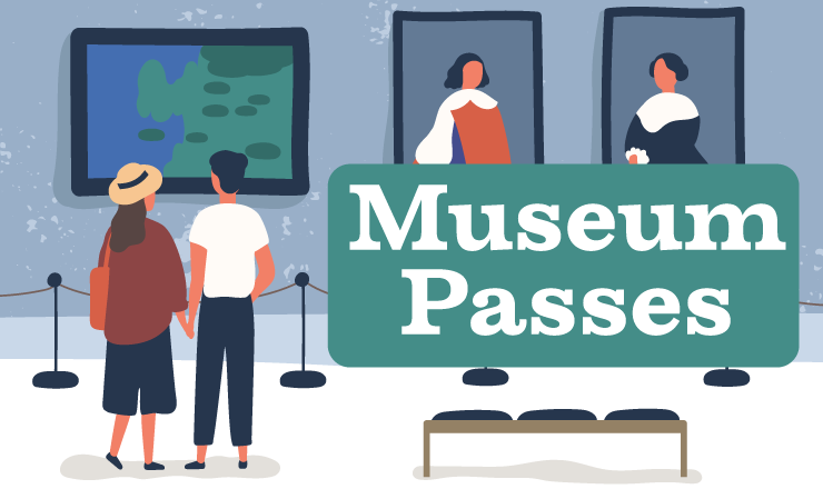 Museum Passes. A couple stands in a museum looking at paintings.