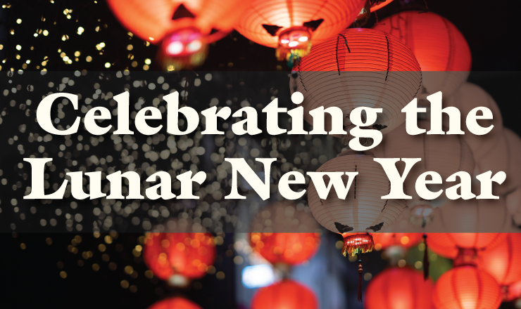 Celebrating the Lunar New Year over a background of red lanterns with lights in them