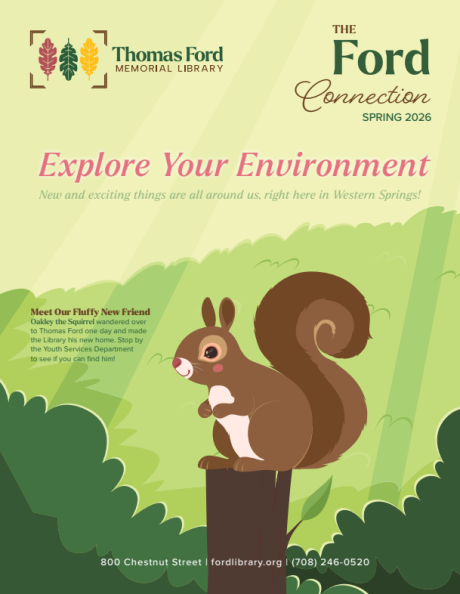 Spring Newsletter 2026 with an illustration of Oakley, a squirrel, on top of a stump with bushes behind him